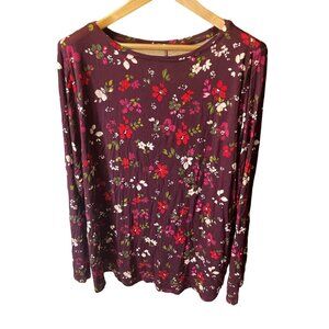 Lane Bryant Dark Red Floral Boat Neck Long Sleeve T Shirt Sz 22